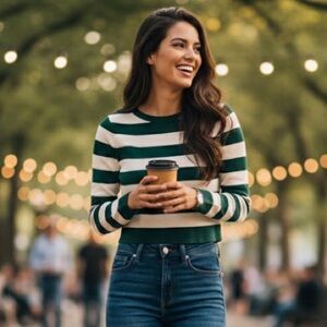 Women’s Zara Striped Green and Cream Crop Top Size M